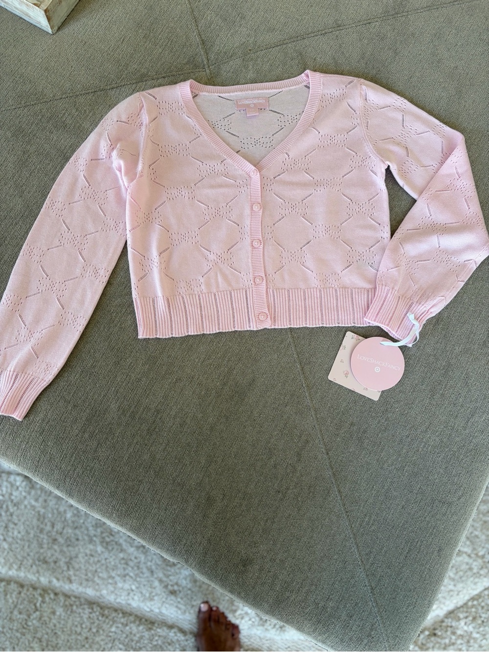 Love Shack Fancy x Target Emilie Soft Pink Pointelle Cropped V-Neck Cardigan
